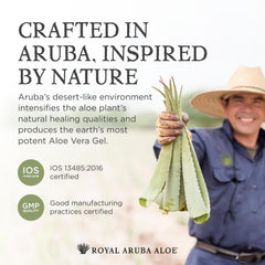 Aruba Aloe ingredients with aloe leaves and jar highlighting natural aloe sourcing