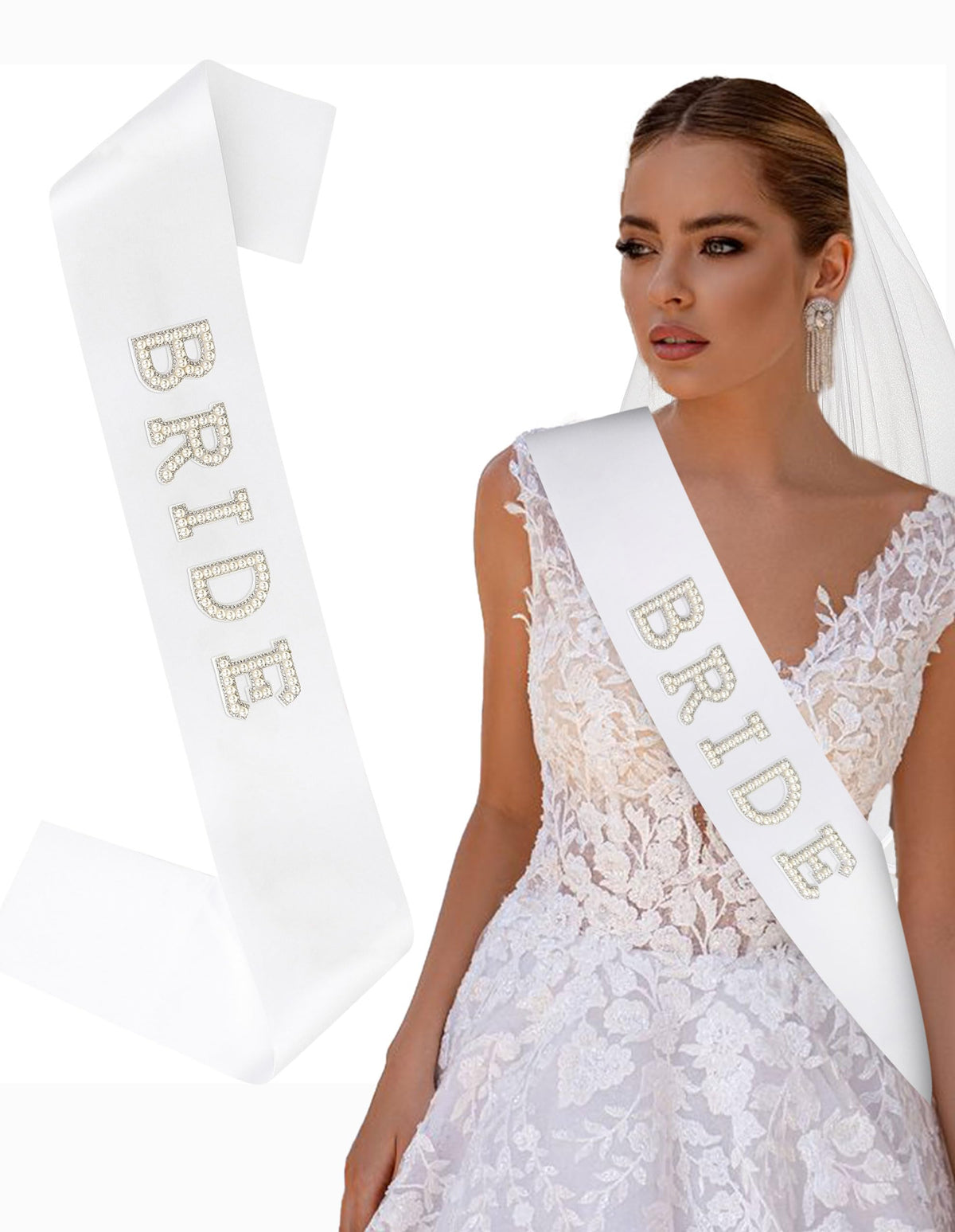 Araluky sash front view showing BRIDE pearls and ceremony-ready style