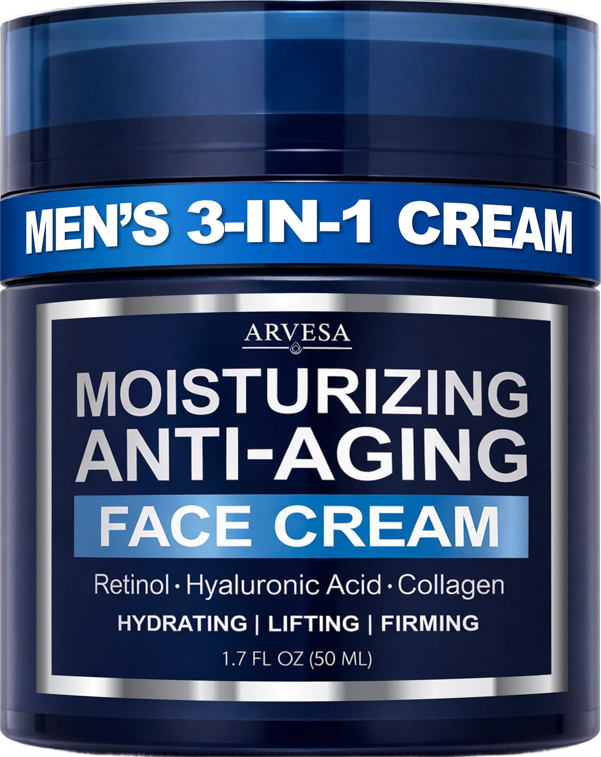 Arvesa front jar of men's face moisturizer showing product and brand benefits