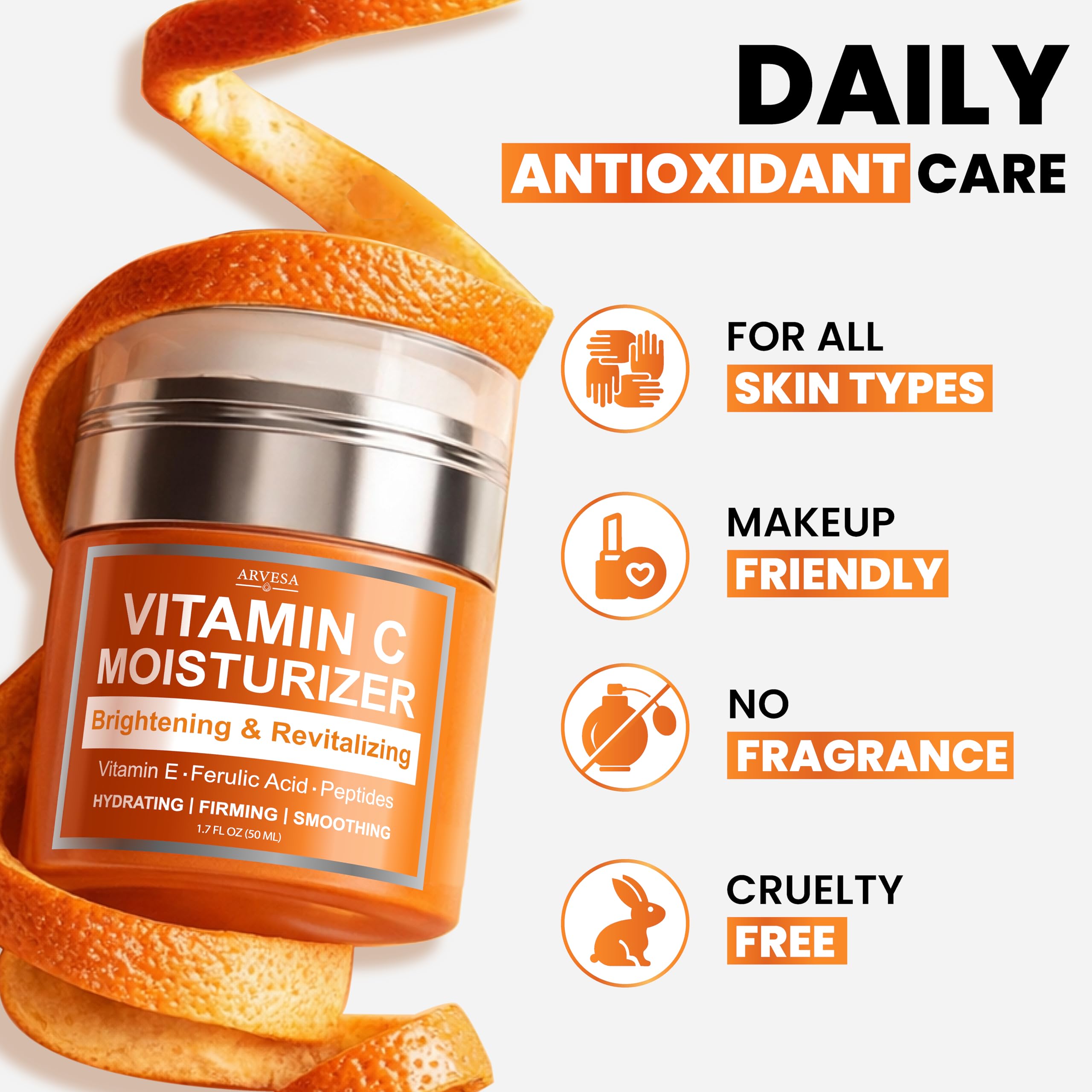 Visual of Arvesa ingredients emphasizing vitamin C, ferulic acid, peptides for brighter skin