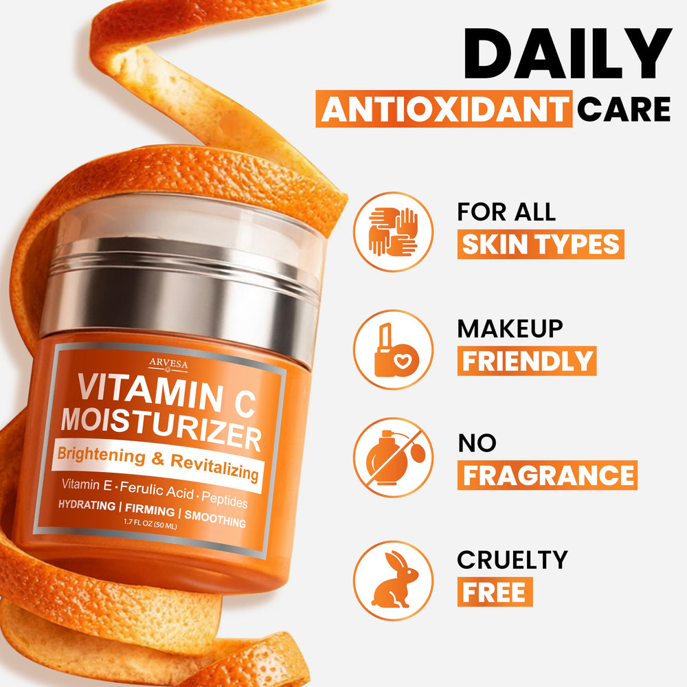 Visual of Arvesa ingredients emphasizing vitamin C, ferulic acid, peptides for brighter skin