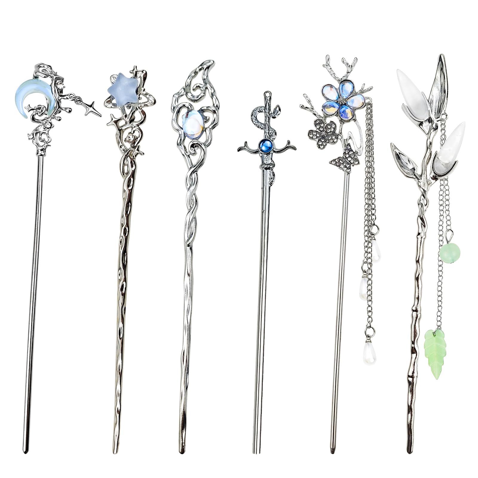 Arvintas front view of six hair sticks showing celestial designs and neat packaging benefit style