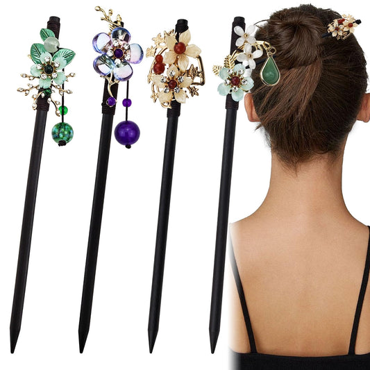 Arvintas front view of four floral wooden hair sticks showing varied styles and vintage charm