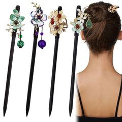 Arvintas front view of four floral wooden hair sticks showing varied styles and vintage charm