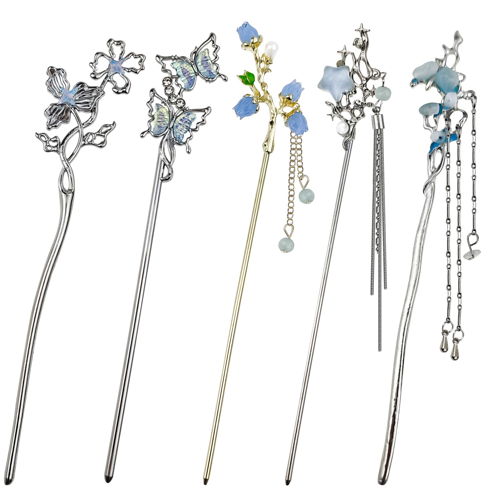 Arvintas front view set showing five silver hair sticks and decorative motifs for styling