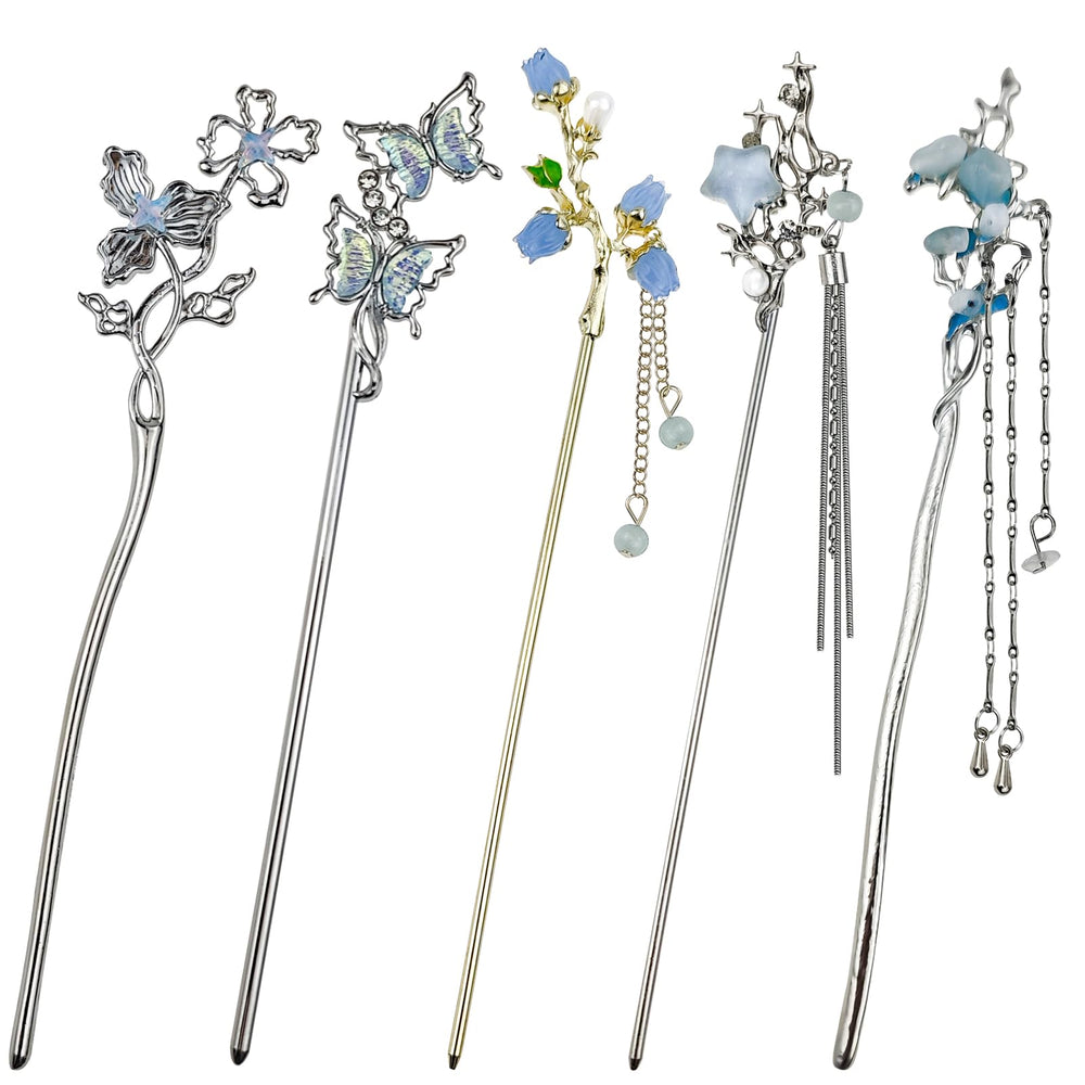 Arvintas front view set showing five silver hair sticks and decorative motifs for styling