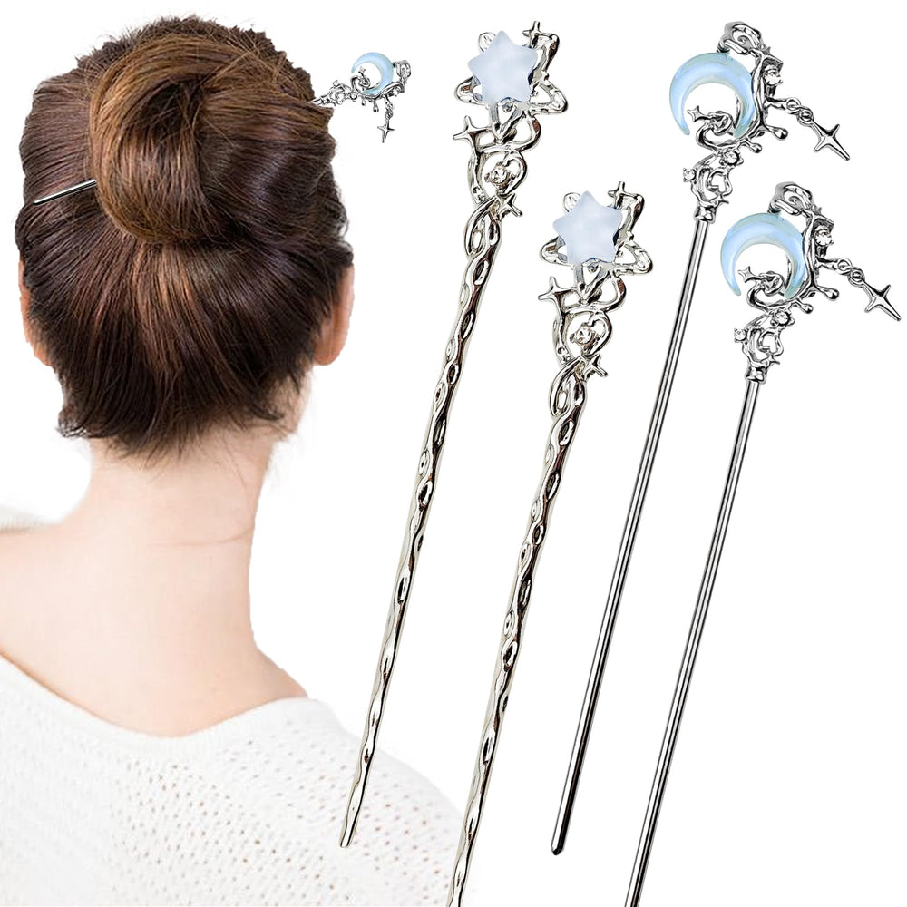 Arvintas front view of star moon hair sticks showing vintage design and elegant hold