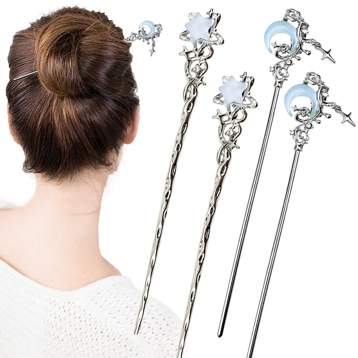 Arvintas front view of star moon hair sticks showing vintage design and elegant hold