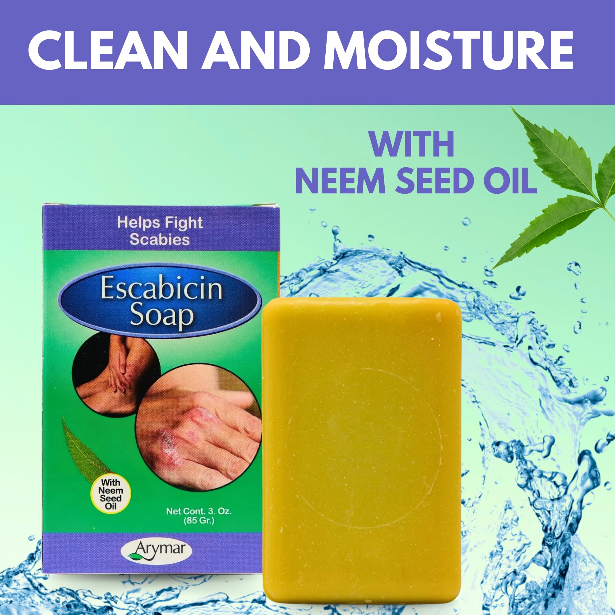Arymar Escabicin ingredient label close-up highlighting neem and sulfur benefits