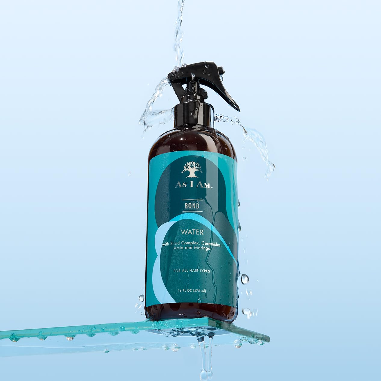 As I Am Bond Water on a bathroom shelf lifestyle scene promoting daily use