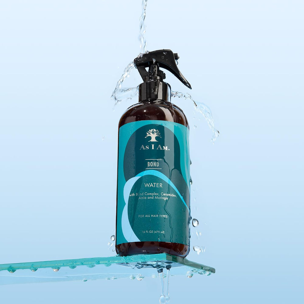 As I Am Bond Water on a bathroom shelf lifestyle scene promoting daily use