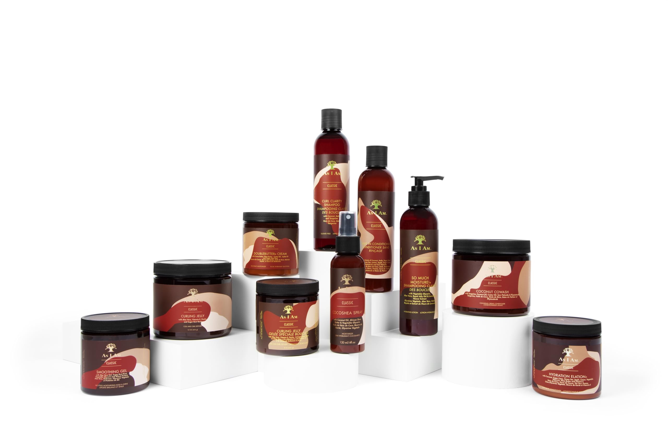 As I Am shampoo on bathroom shelf with towel, conveying moisture-retaining routine