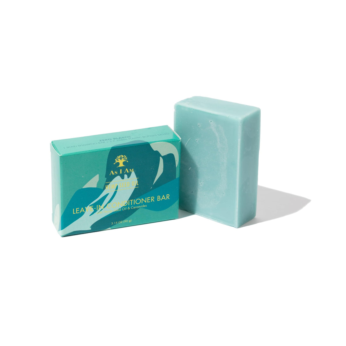 As I Am front packaging of hemp seed oil leave-in bar showing label and size, eco-friendly benefit