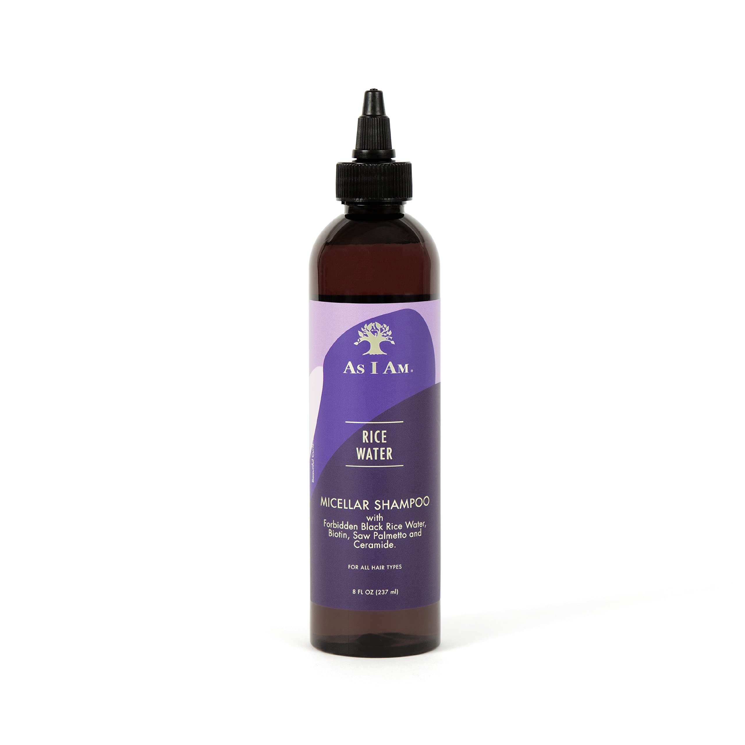 As I Am rice water shampoo front 8 oz bottle showing clean packaging and benefit