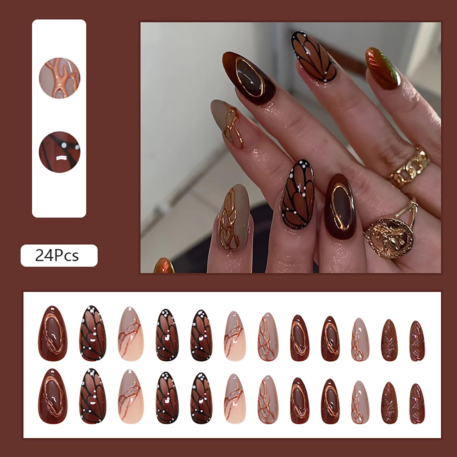 ASABITE close-up of butterfly wing design on brown press-on nail highlighting decorative detail