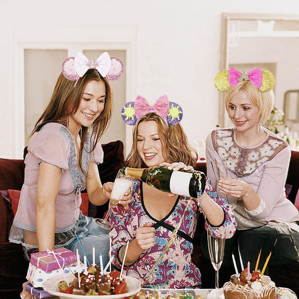 ASAHEL mouse ears headband worn at a party, demonstrates fit and festive appeal