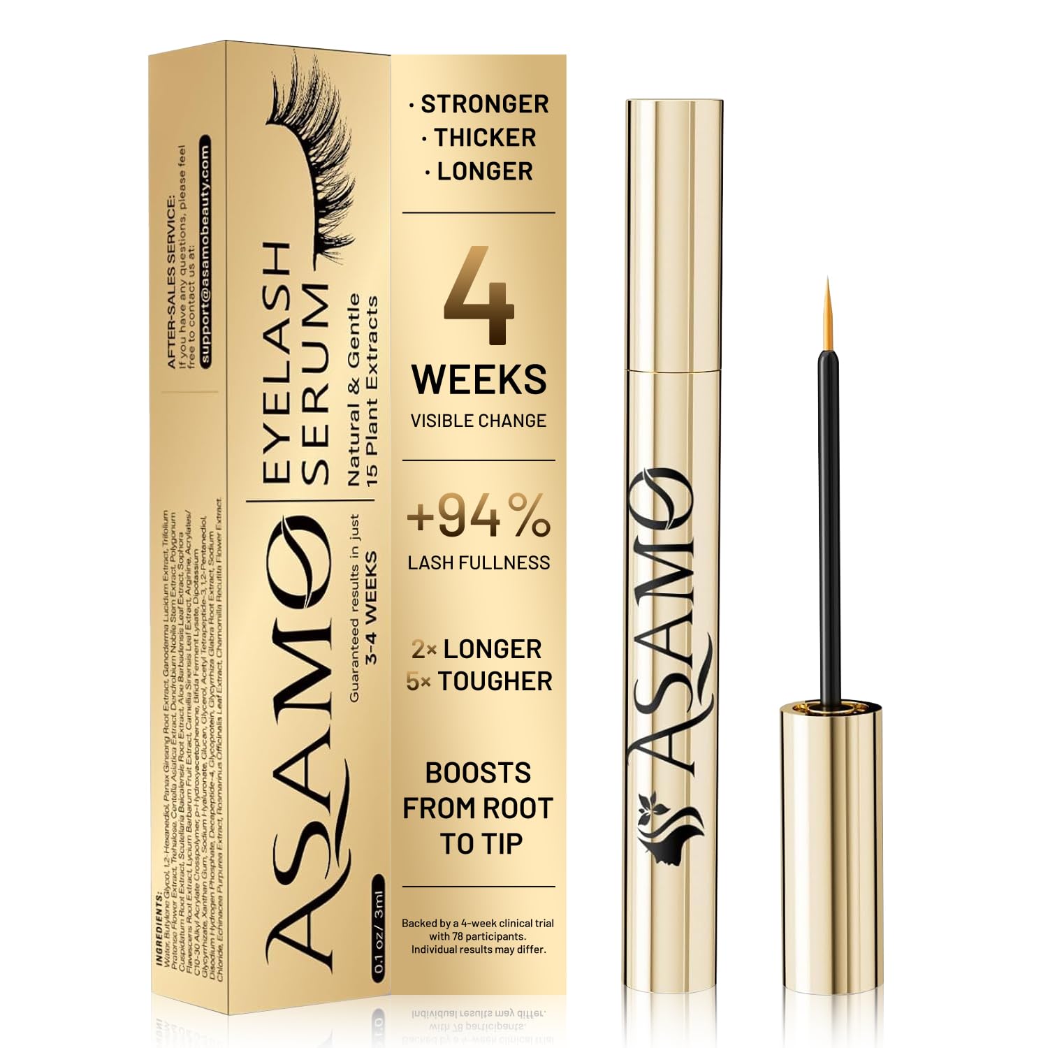 ASAMO gold bottle front view shows luxe design and easy application benefit