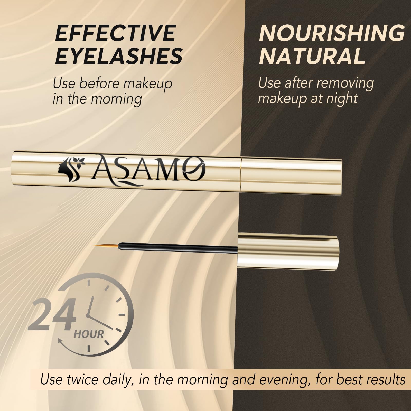 ASAMO illustrative before and after lashes showing fuller, longer look