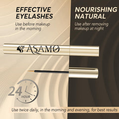 ASAMO illustrative before and after lashes showing fuller, longer look