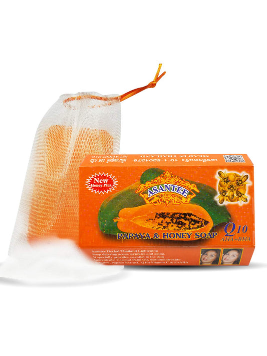 ASANTEE soap front packaging showing papaya and honey benefits