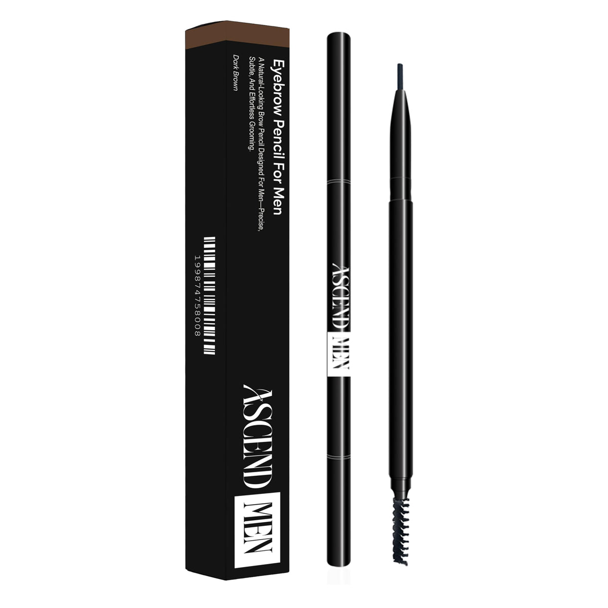Ascend Men front packaging in Dark Brown showing compact pencil and benefits