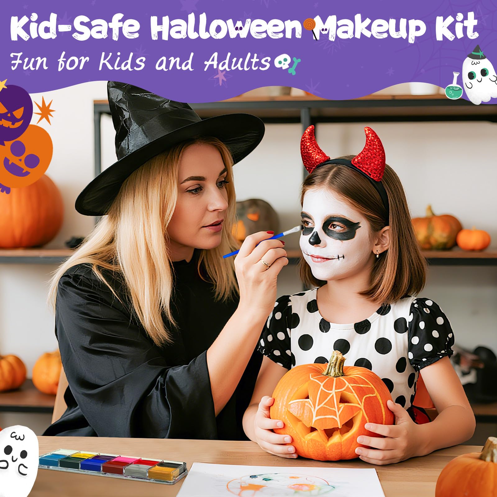 Child wearing Asddage face paint smiling at a party for easy application