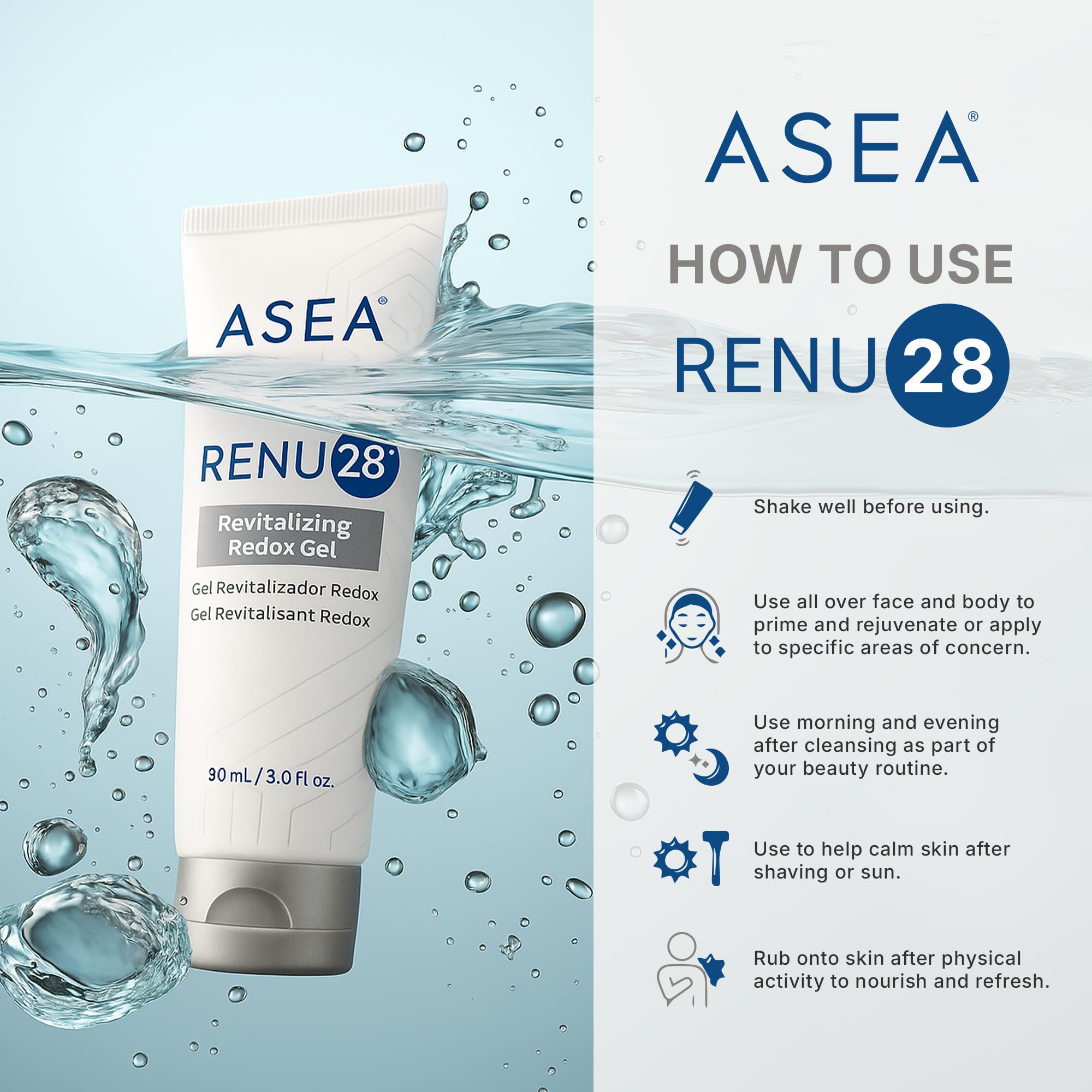 ASEA RENU28 label detail showing ingredients and clean-beauty benefit