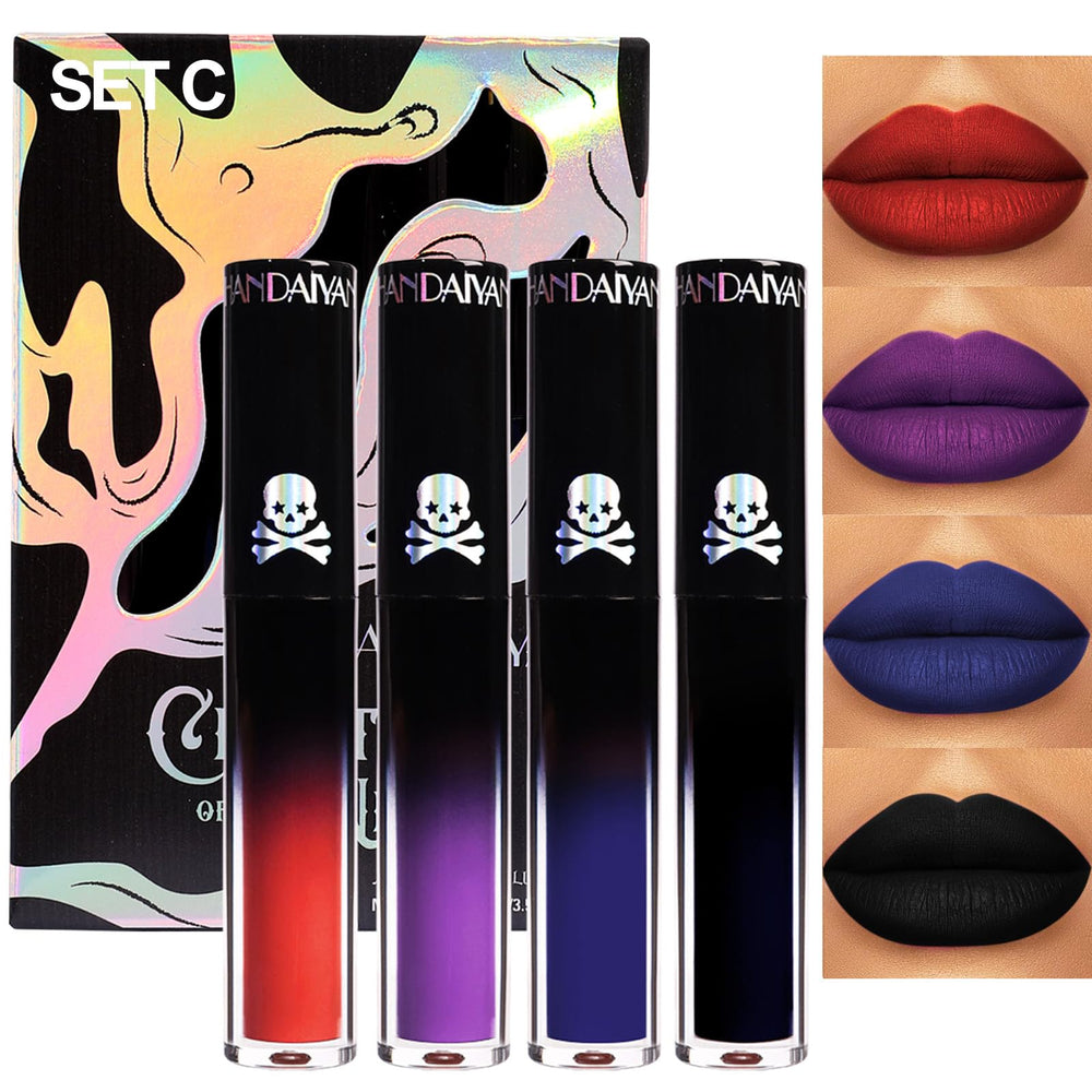 Aseawave front packaging of four matte liquid lipsticks, bold color variety