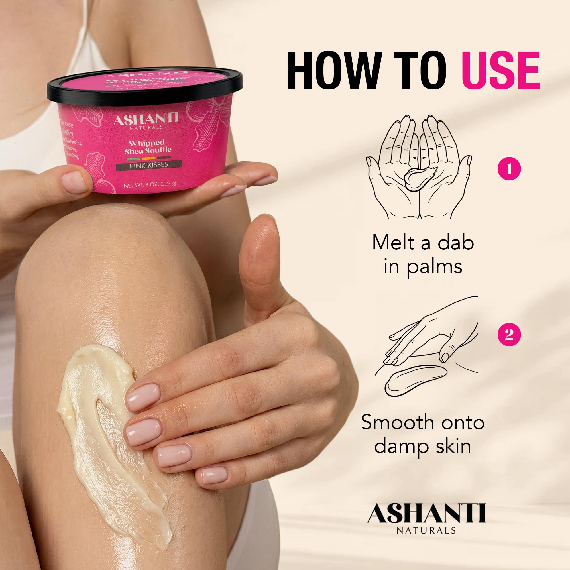 Ashanti Naturals applying souffle to forearm showing instant hydration and smoother skin