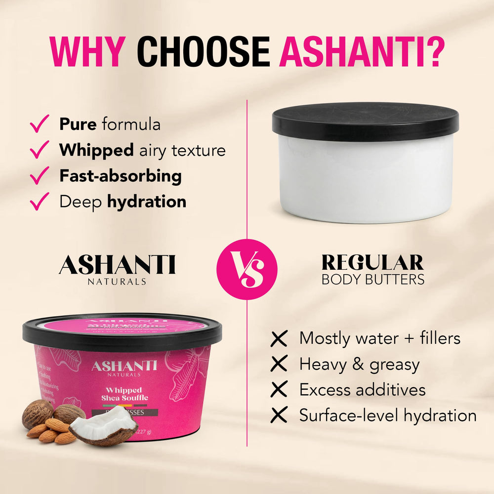 Ashanti Naturals label close-up displaying ingredient callouts and sourced-from-Ghana benefit