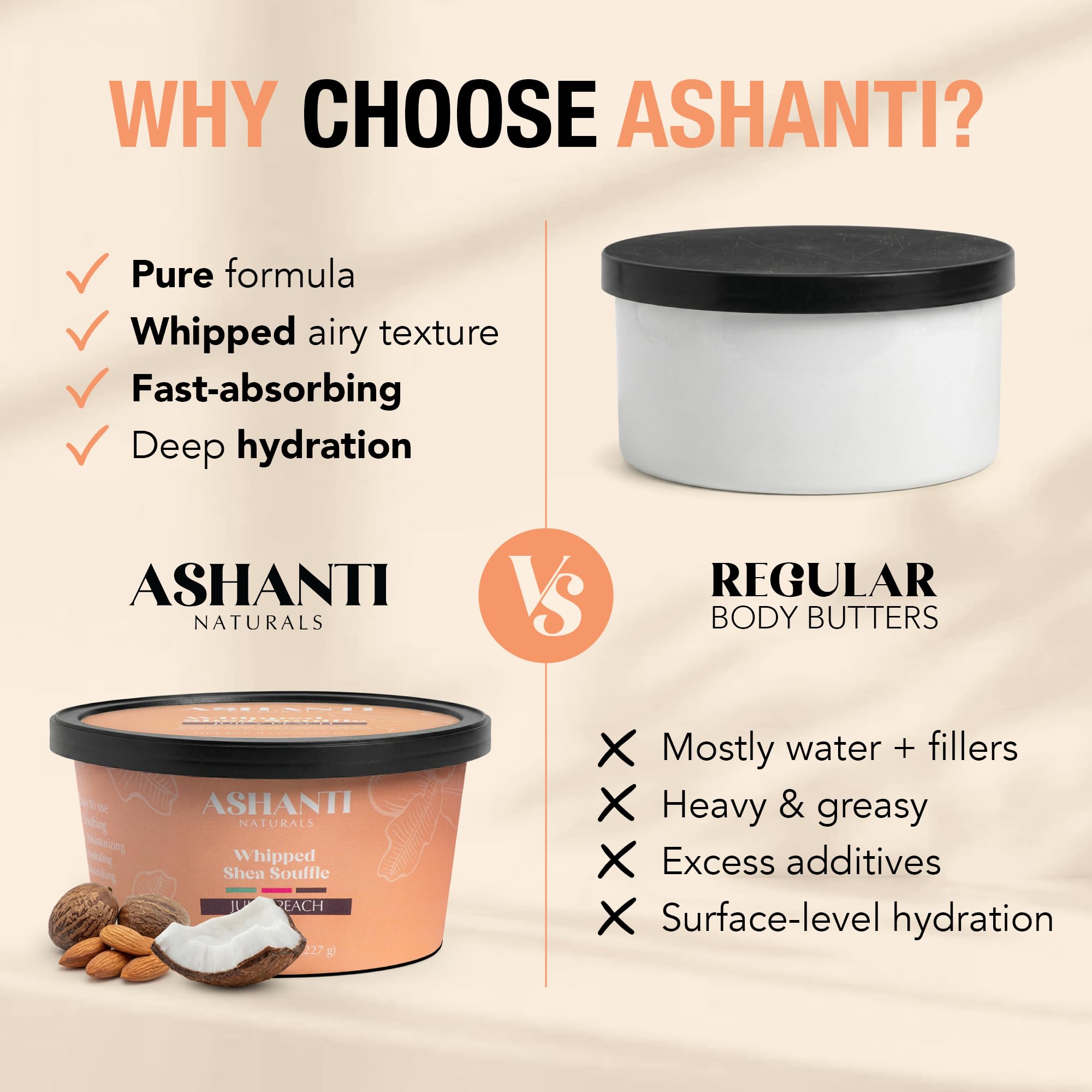 Ashanti Naturals ingredient oils display coconut almond and shea nourishing benefit