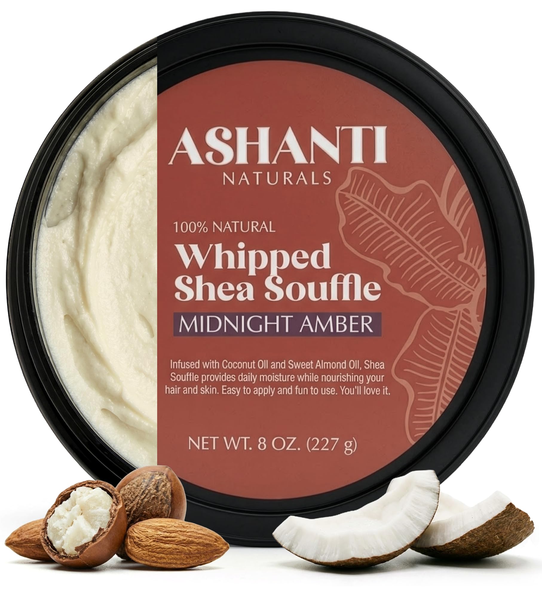 Ashanti Naturals jar front view showing Midnight Amber Soufflé and packaging benefits