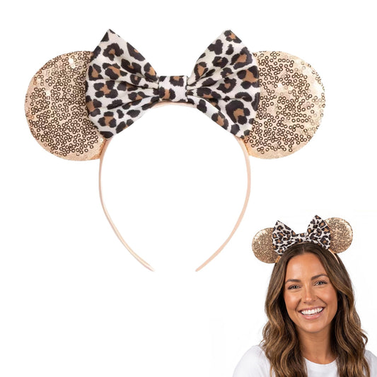 ASHONE front view gold leopard headband showing ears and bow, perfect for themed parties