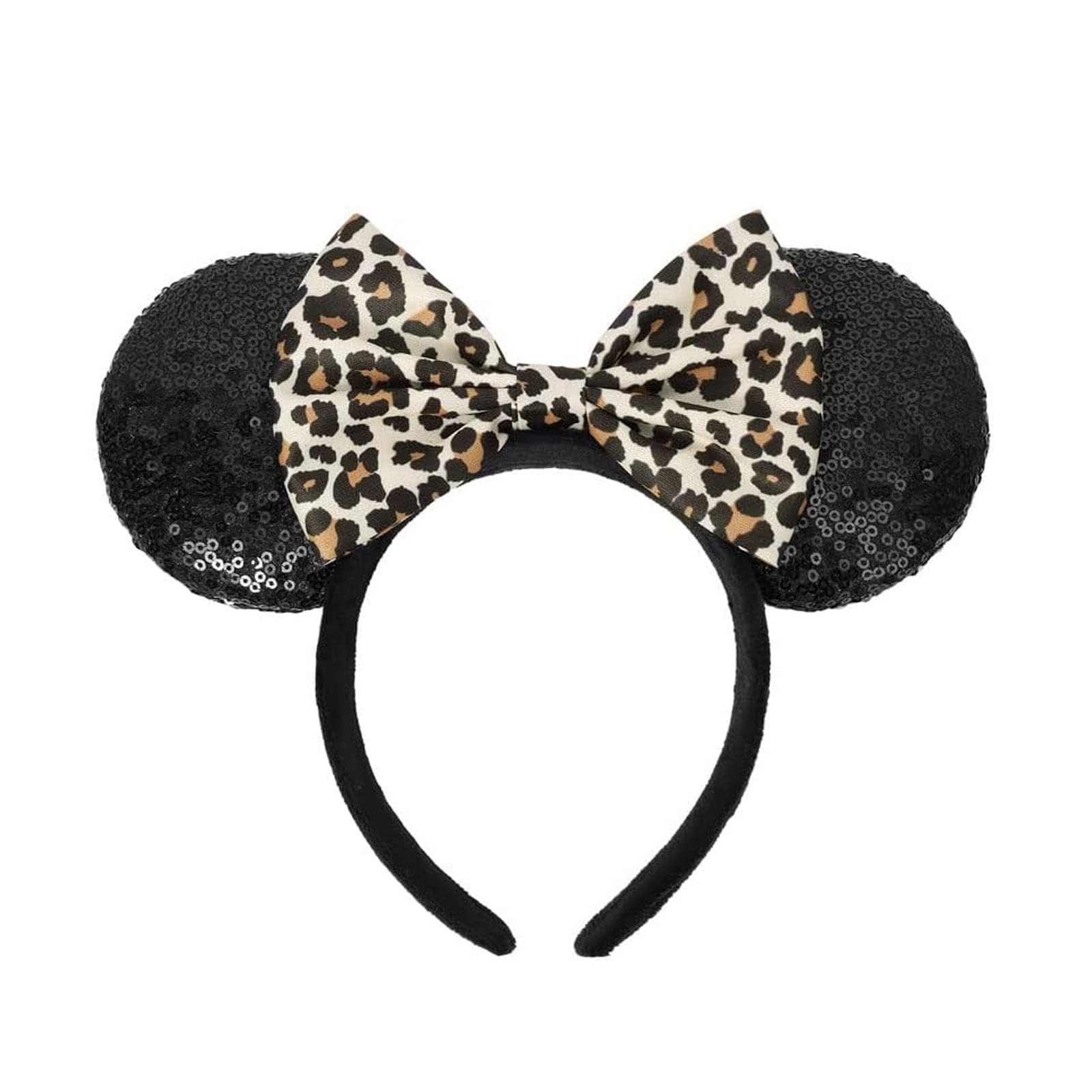 ASHONE leopard headband front view showing ears and shiny bow, perfect for parties