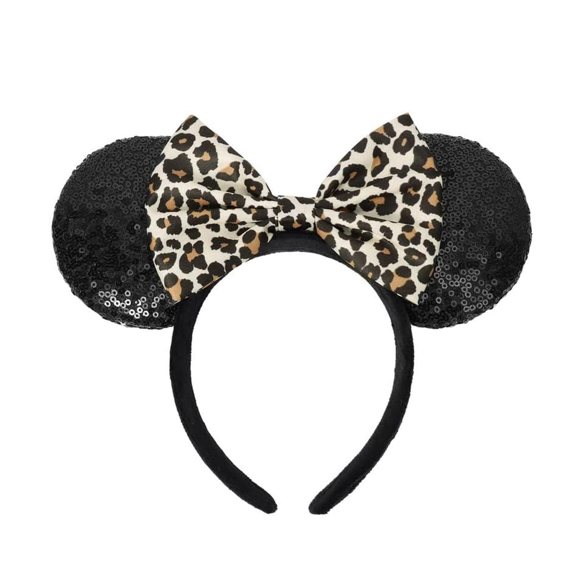 ASHONE leopard headband front view showing ears and shiny bow, perfect for parties