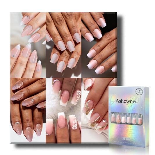 Ashowner front packaging showing six gradient styles and 144 nails, clear overview benefit