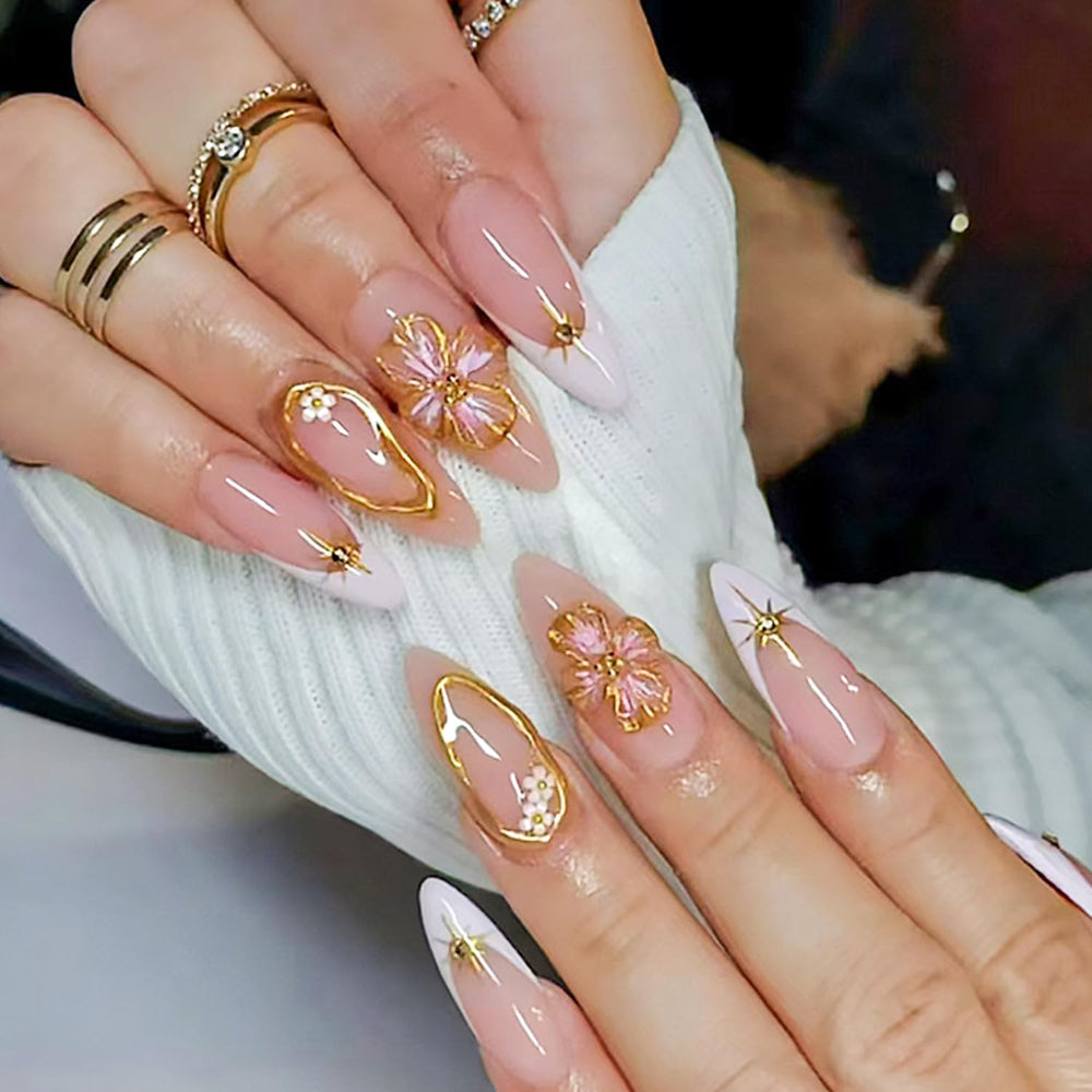 Ashowner six distinctive almond nail designs laid out to show style variety