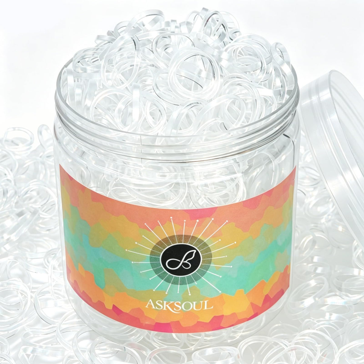 Asksoul front can showing 1000 clear hair ties, convenient storage benefit