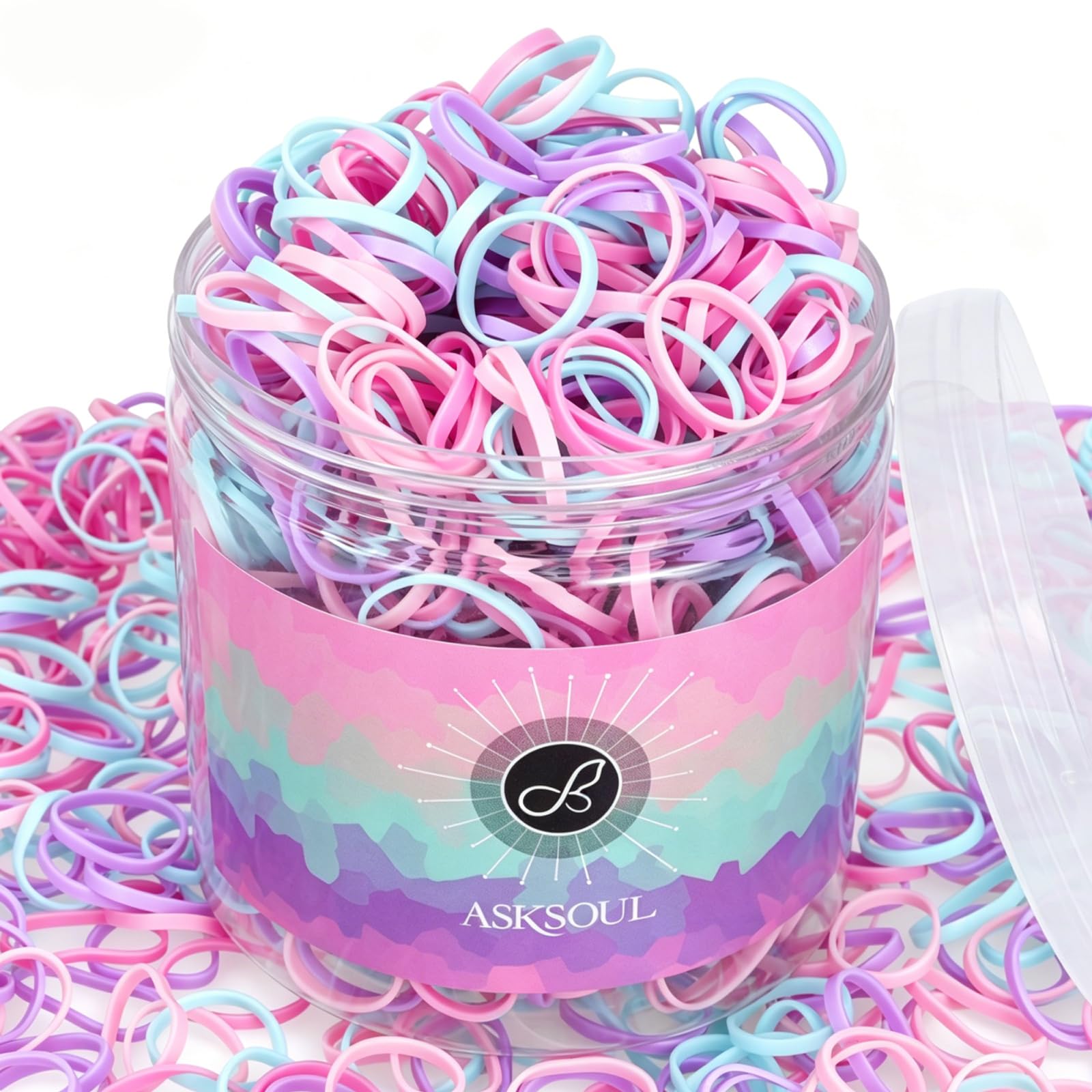 Asksoul jar front view showing pastel hair ties and easy storage benefit
