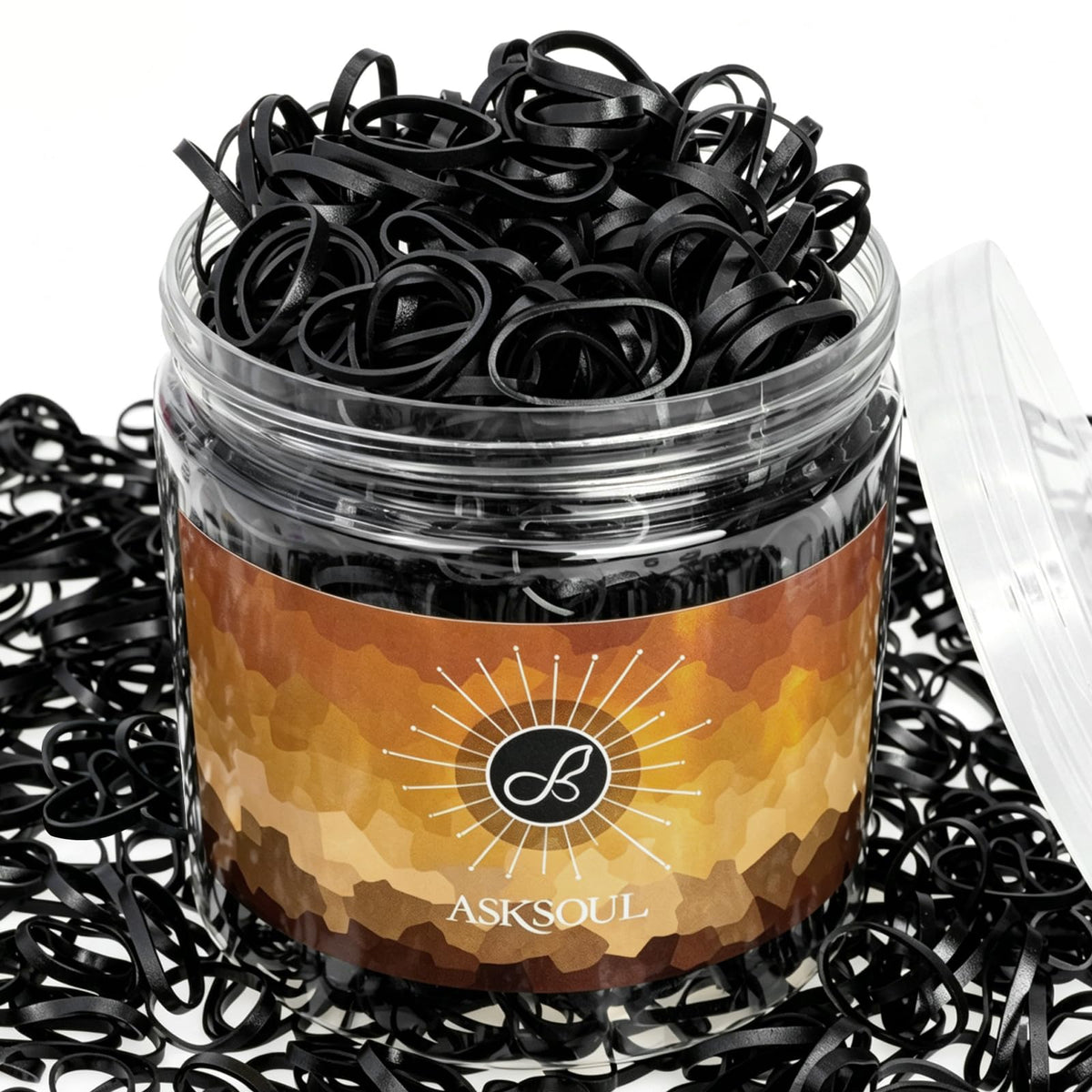 Asksoul jar front view showing 1000 black mini hair ties and neat storage convenience