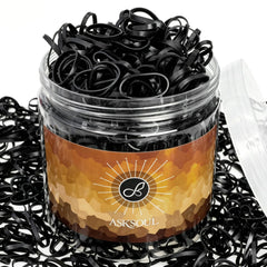 Asksoul jar front view showing 1000 black mini hair ties and neat storage convenience