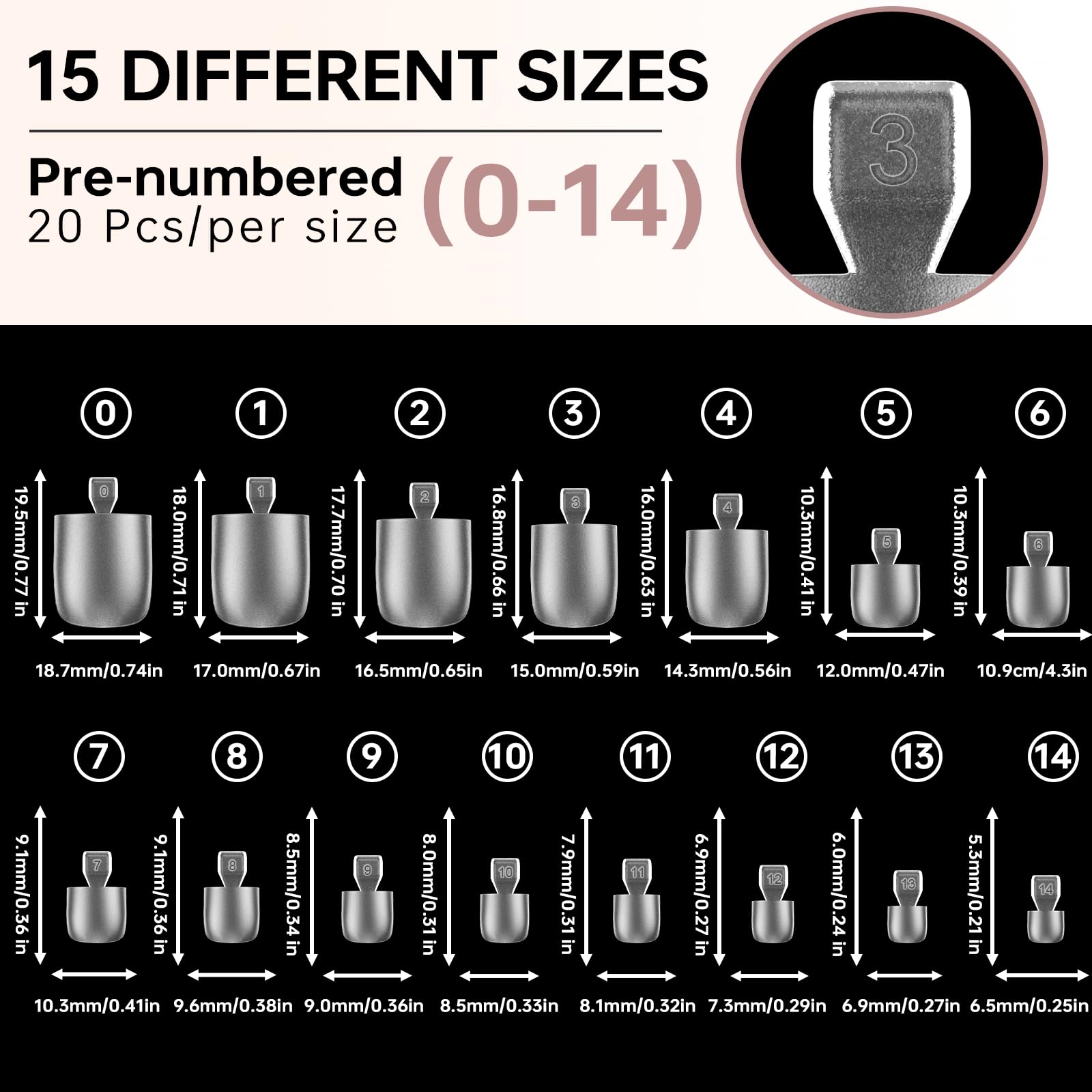 ASONRL organized layout displaying 15 sizes of toe tips for easy size matching