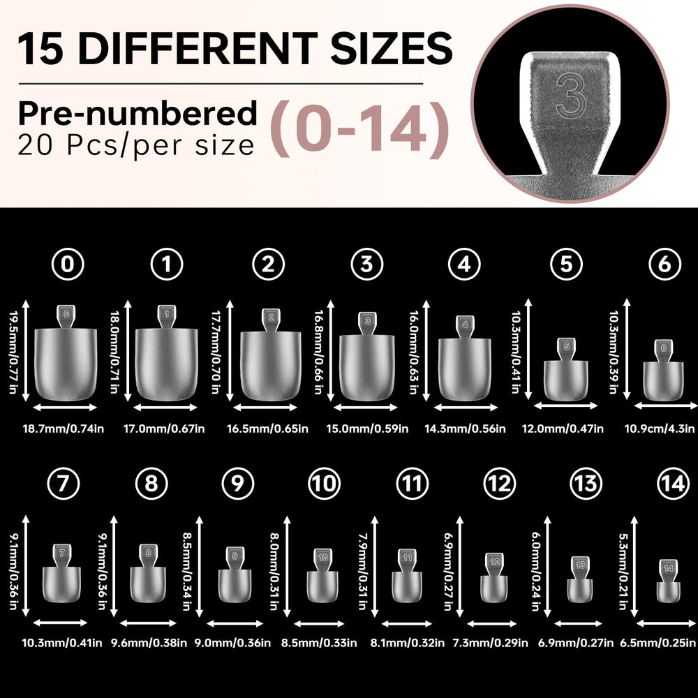 ASONRL organized layout displaying 15 sizes of toe tips for easy size matching