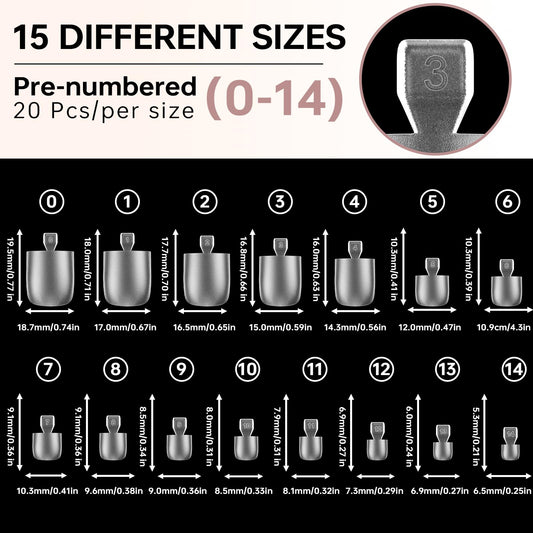 ASONRL organized layout displaying 15 sizes of toe tips for easy size matching