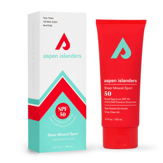 aspen islanders front tube showing compact sport sunscreen, easy carry benefit