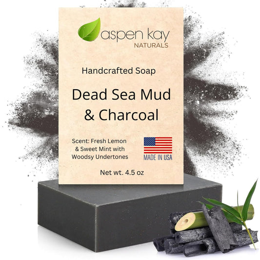 Aspen Kay front bar showing Dead Sea mud and charcoal benefits