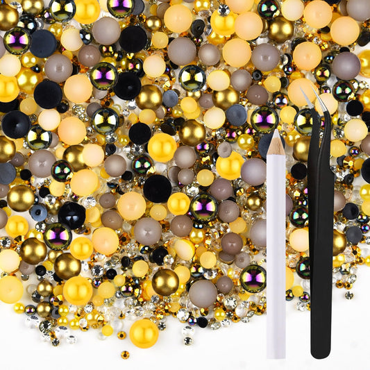 ASTARON front packaging showing mixed gold black rhinestones and pearls, clear contents visible