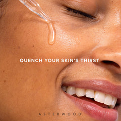 Model applying Asterwood serum to face, illustrates easy layering and moisturized look
