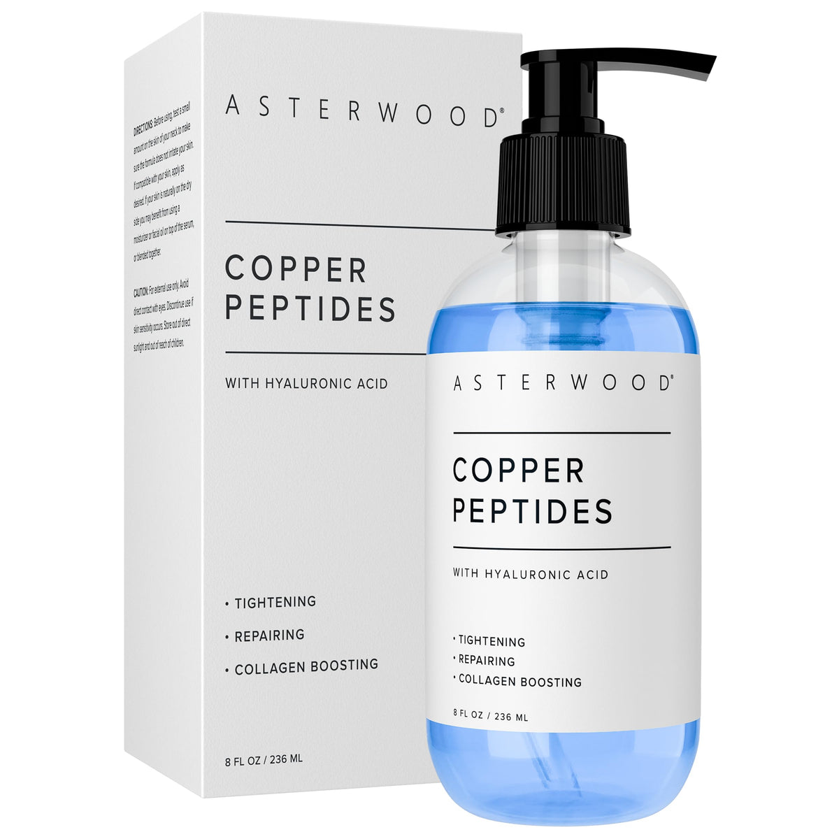 Asterwood copper peptides serum front bottle showing clean packaging and product benefit