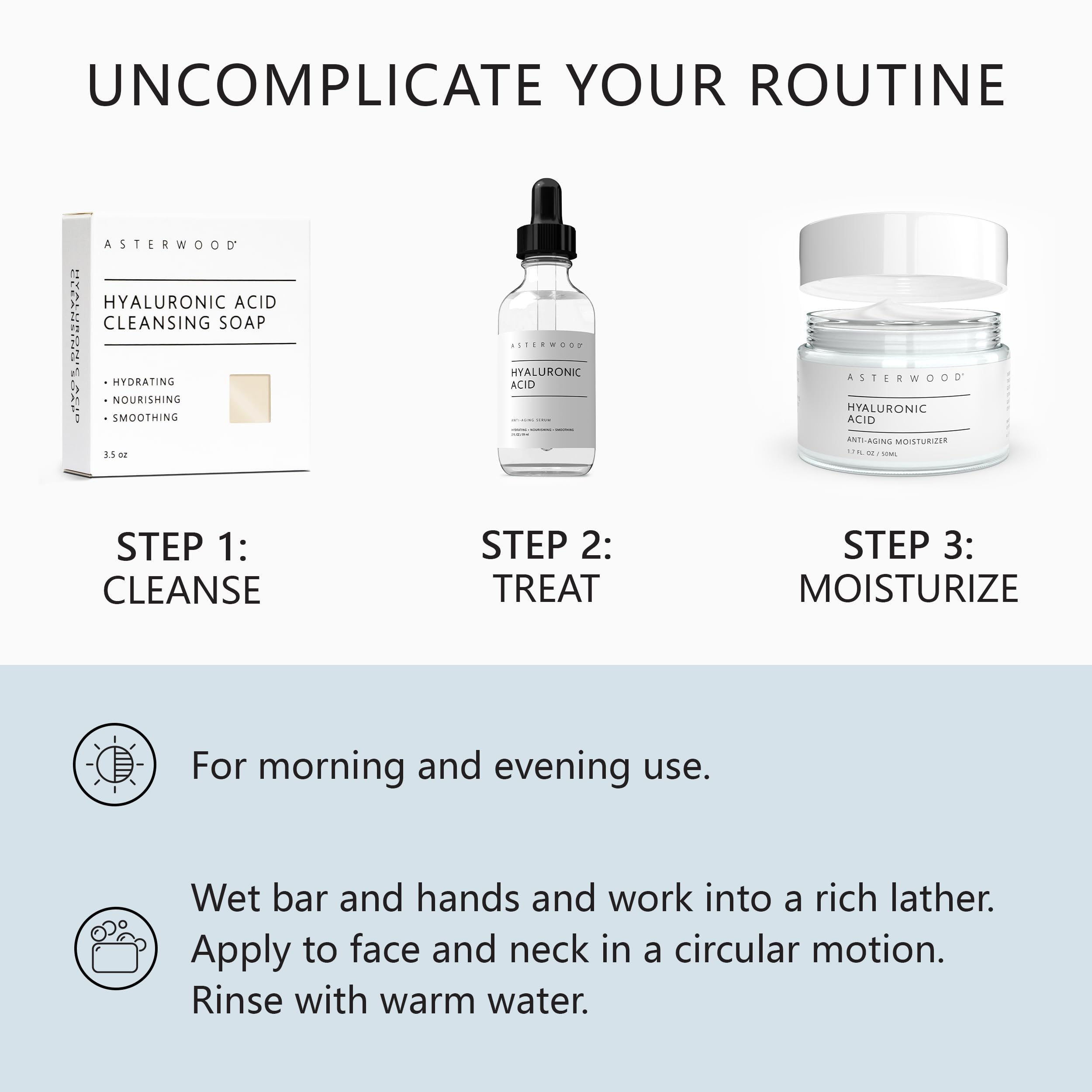 Asterwood coconut oil and hyaluronic acid ingredient focus conveying hydration benefit